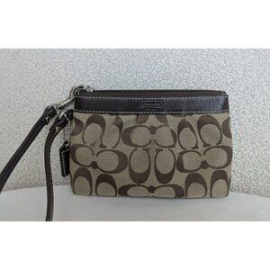 Coach Signature Canvas & Leather Pleated Wristlet Khaki Dark Brown/Mahogany